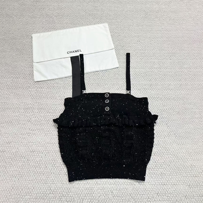 chanel ruffle trim openwork knit camisole top